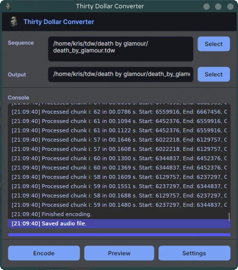 The Converter after exporting Death By Glamour: sequence and output paths, the encoding log ending in "Saved audio file.", and Encode, Preview and Settings buttons