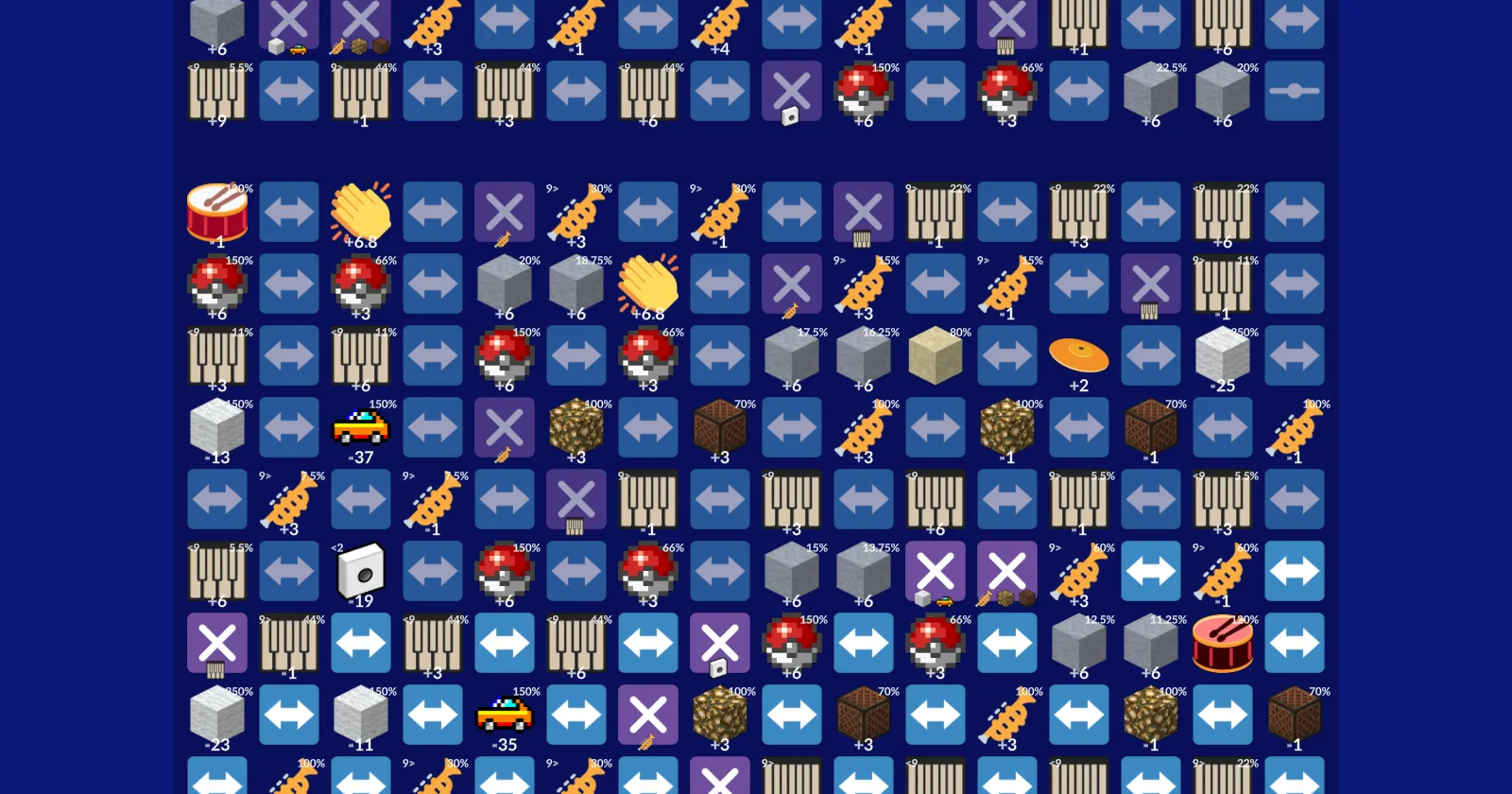 The Visualizer playing TV World: rows of sound tiles with pitch and volume badges on an ultramarine background